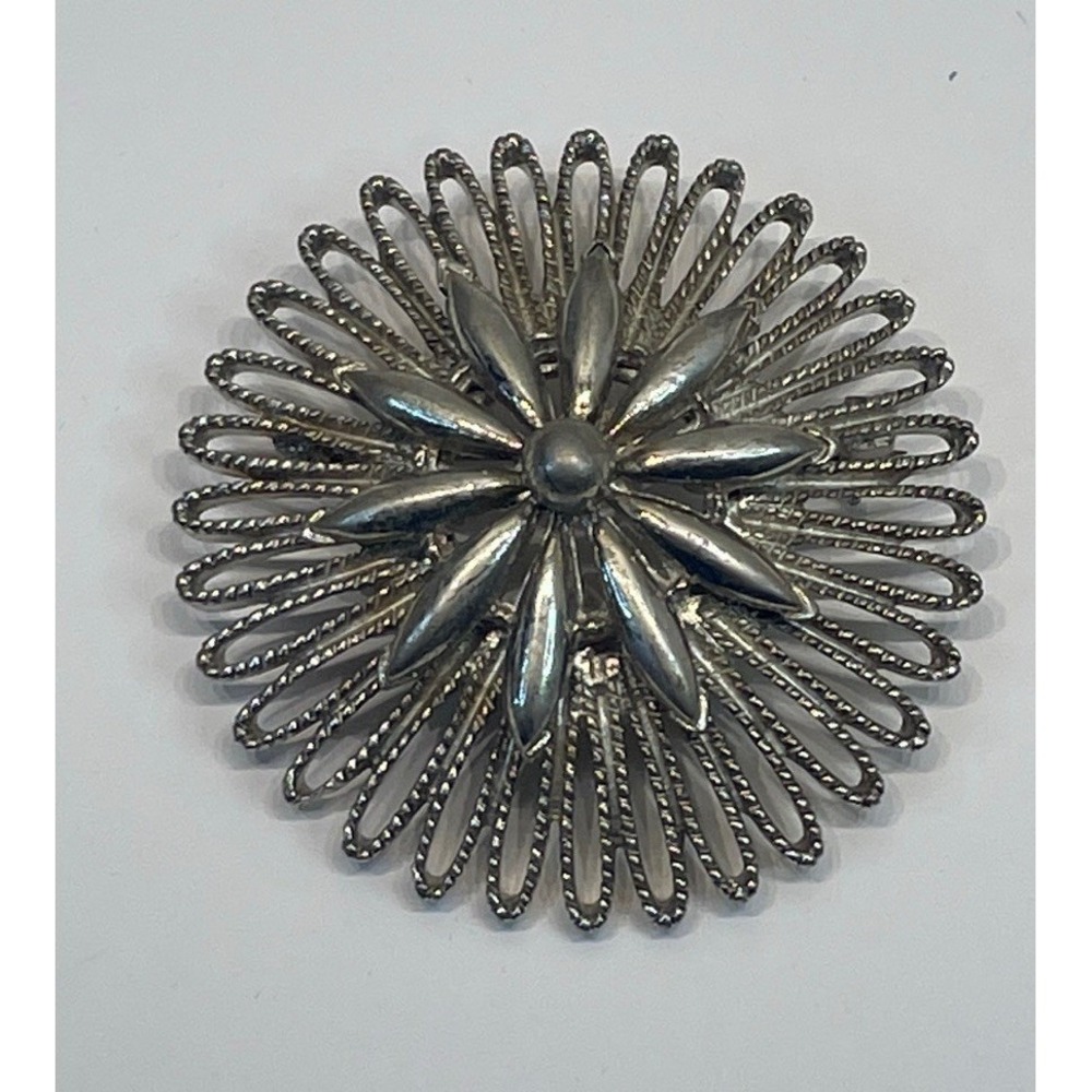 Vintage Silver Tone Intricate 3D Filigree Sunflower Starburst 2 1/4 Inch Brooch